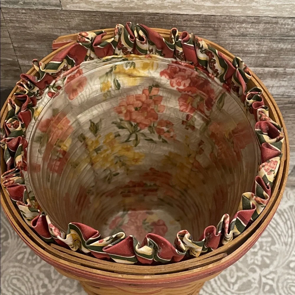 Longaberger Snapdragons flower Basket with Red Trim floral liner and protector.